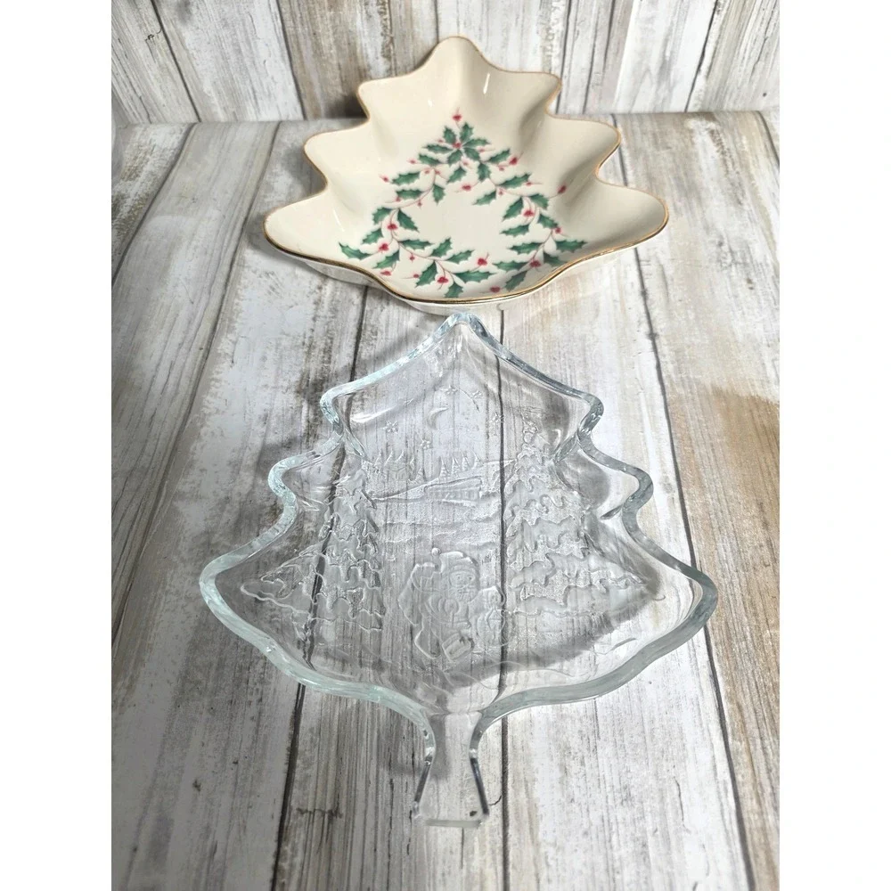 Lenox Holiday Christmas Tree Candy Dish and Glass Santa Nut Bowl Set‎ of 2